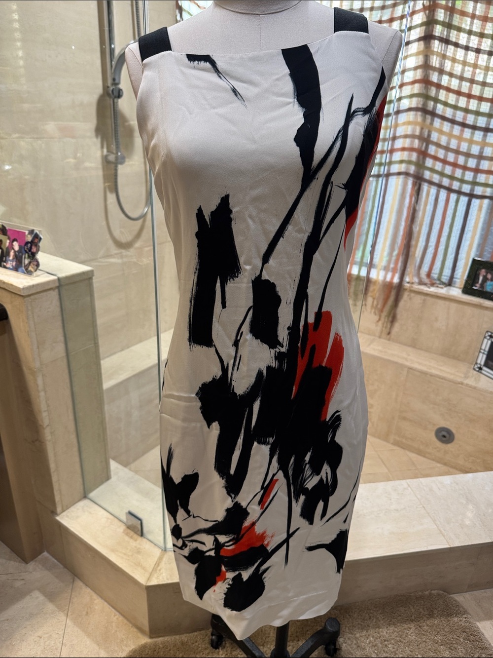Women’s White Sheath Dress with Black and Red Abstract Print